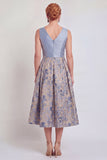 Navy A-Line V-Neck Floral Midi Mother of the Bride Dress