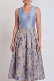 Navy A-Line V-Neck Floral Midi Mother of the Bride Dress