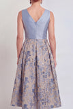 Navy A-Line V-Neck Floral Midi Mother of the Bride Dress