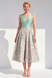 Navy A-Line V-Neck Floral Midi Mother of the Bride Dress