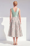 Navy A-Line V-Neck Floral Midi Mother of the Bride Dress