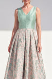 Navy A-Line V-Neck Floral Midi Mother of the Bride Dress