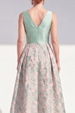 Navy A-Line V-Neck Floral Midi Mother of the Bride Dress
