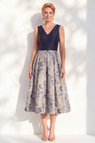 Navy A-Line V-Neck Floral Midi Mother of the Bride Dress
