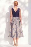 Navy A-Line V-Neck Floral Midi Mother of the Bride Dress