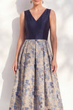 Navy A-Line V-Neck Floral Midi Mother of the Bride Dress