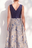 Navy A-Line V-Neck Floral Midi Mother of the Bride Dress