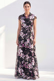 White A-Line Floral Lapel Long Mother of the Bride Dress with Belt