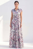 White A-Line Floral Lapel Long Mother of the Bride Dress with Belt