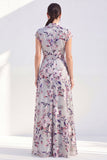 White A-Line Floral Lapel Long Mother of the Bride Dress with Belt