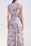 White A-Line Floral Lapel Long Mother of the Bride Dress with Belt