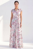 White A-Line Floral Lapel Long Mother of the Bride Dress with Belt