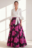 A-Line Fuchsia Flower Ruffled V-Neck Long Mother Of the Bride Dress