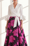 A-Line Fuchsia Flower Ruffled V-Neck Long Mother Of the Bride Dress