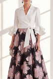 A-Line Fuchsia Flower Ruffled V-Neck Long Mother Of the Bride Dress