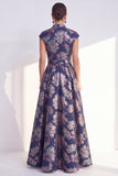 Navy A-Line Floral V-Neck Long Mother of the Bride Dress with Cap Sleeves