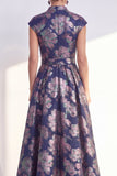 Navy A-Line Floral V-Neck Long Mother of the Bride Dress with Cap Sleeves