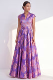 Navy A-Line Floral V-Neck Long Mother of the Bride Dress with Cap Sleeves
