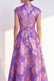 Navy A-Line Floral V-Neck Long Mother of the Bride Dress with Cap Sleeves