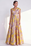 Navy A-Line Floral V-Neck Long Mother of the Bride Dress with Cap Sleeves