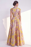 Navy A-Line Floral V-Neck Long Mother of the Bride Dress with Cap Sleeves