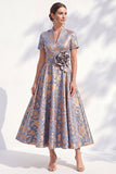 Blue Golden Flower A-Line V-Neck Midi Mother Of the Bride Dress with 3D Flower