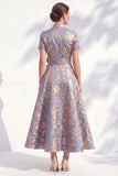 Blue Golden Flower A-Line V-Neck Midi Mother Of the Bride Dress with 3D Flower