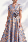 Blue Golden Flower A-Line V-Neck Midi Mother Of the Bride Dress with 3D Flower