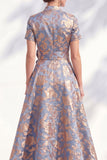 Blue Golden Flower A-Line V-Neck Midi Mother Of the Bride Dress with 3D Flower