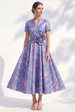 Blue Golden Flower A-Line V-Neck Midi Mother Of the Bride Dress with 3D Flower