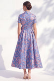 Blue Golden Flower A-Line V-Neck Midi Mother Of the Bride Dress with 3D Flower