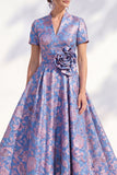 Blue Golden Flower A-Line V-Neck Midi Mother Of the Bride Dress with 3D Flower