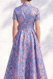 Blue Golden Flower A-Line V-Neck Midi Mother Of the Bride Dress with 3D Flower