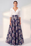 Navy Floral A-Line V-Neck Long Mother of the Bride Dress with 3/4 Sleeves