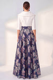 Navy Floral A-Line V-Neck Long Mother of the Bride Dress with 3/4 Sleeves