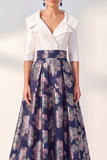 Navy Floral A-Line V-Neck Long Mother of the Bride Dress with 3/4 Sleeves