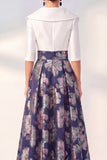 Navy Floral A-Line V-Neck Long Mother of the Bride Dress with 3/4 Sleeves