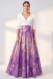 Navy Floral A-Line V-Neck Long Mother of the Bride Dress with 3/4 Sleeves