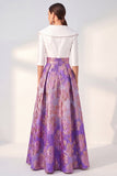 Navy Floral A-Line V-Neck Long Mother of the Bride Dress with 3/4 Sleeves