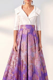 Navy Floral A-Line V-Neck Long Mother of the Bride Dress with 3/4 Sleeves