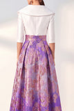 Navy Floral A-Line V-Neck Long Mother of the Bride Dress with 3/4 Sleeves