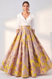 Navy Floral A-Line V-Neck Long Mother of the Bride Dress with 3/4 Sleeves