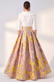 Navy Floral A-Line V-Neck Long Mother of the Bride Dress with 3/4 Sleeves