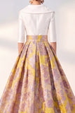 Navy Floral A-Line V-Neck Long Mother of the Bride Dress with 3/4 Sleeves