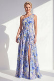 One Shoulder Blue Floral A-Line Ruffled Long Mother of the Bride Dress with Slit