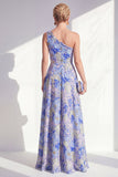 One Shoulder Blue Floral A-Line Ruffled Long Mother of the Bride Dress with Slit