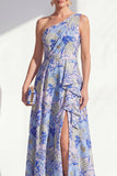 One Shoulder Blue Floral A-Line Ruffled Long Mother of the Bride Dress with Slit