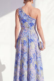One Shoulder Blue Floral A-Line Ruffled Long Mother of the Bride Dress with Slit