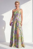 One Shoulder Blue Floral A-Line Ruffled Long Mother of the Bride Dress with Slit