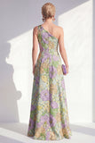 One Shoulder Blue Floral A-Line Ruffled Long Mother of the Bride Dress with Slit